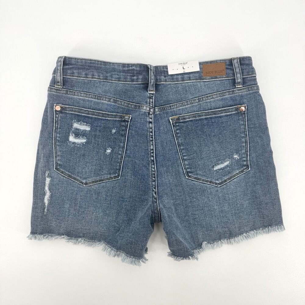Judy Blue JB150122 Patched Side Slit Cutoff Jean Shorts Womens Size Large - Picture 2 of 8